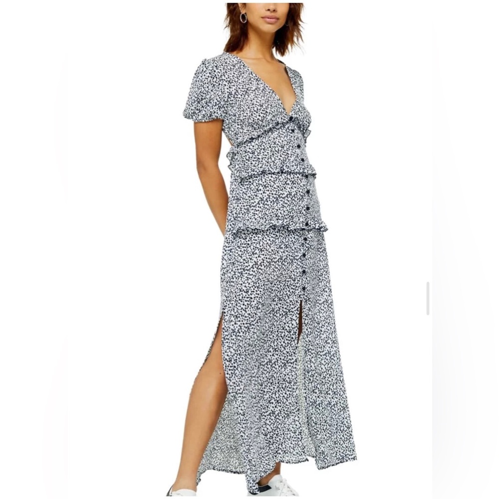 Topshop Spot Printed Button Ruffled Plunging V-Neck Cut Out Back Midi Dress